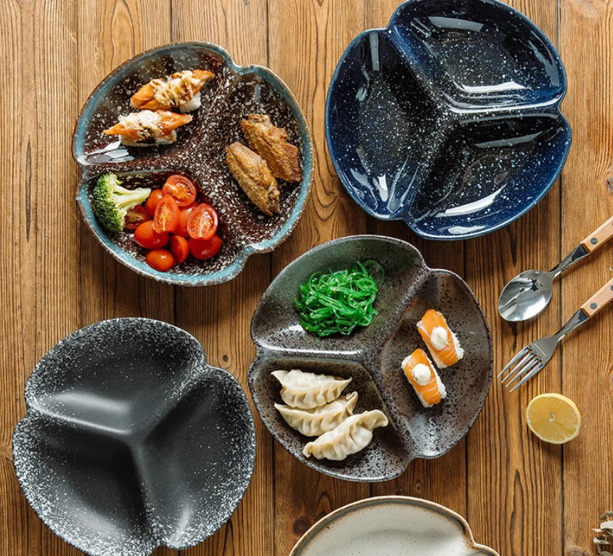 Modern Ceramic Divided Plate 8.5 inch Decorative Ceramic Appetizer 3 -Compartment Serving Platter Tray Dessert Serving Plates