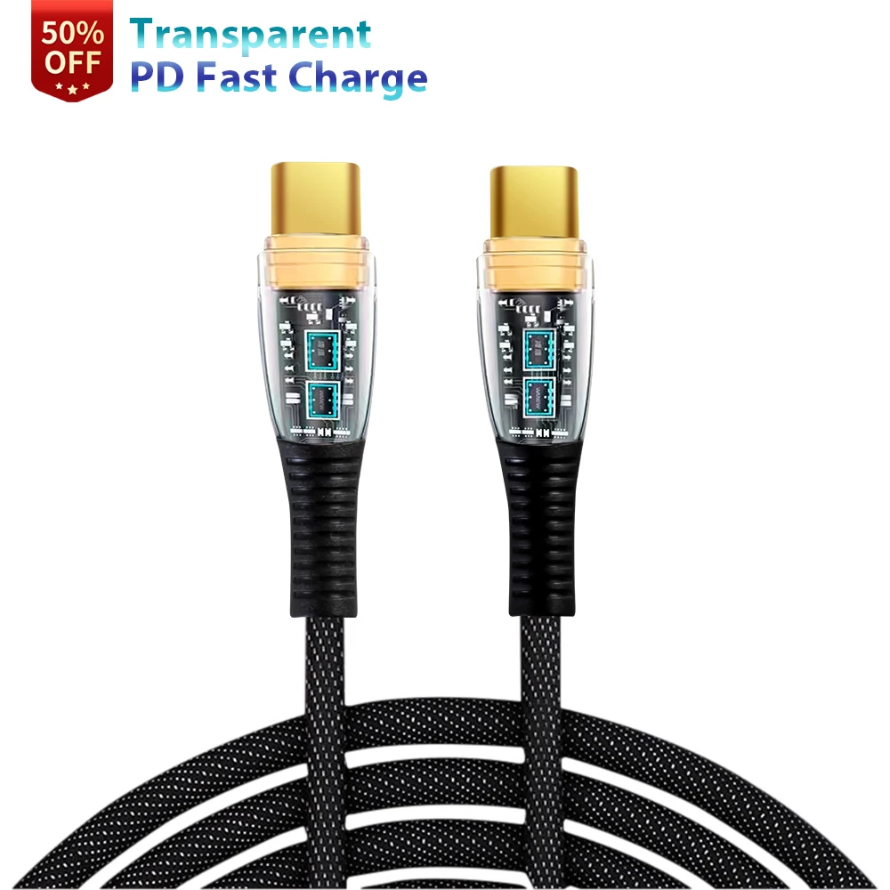 MODORWY 50% Off Type C Cable Transparent PD fast charge 60W 6A data cable with LED light USB C to C charging Cable