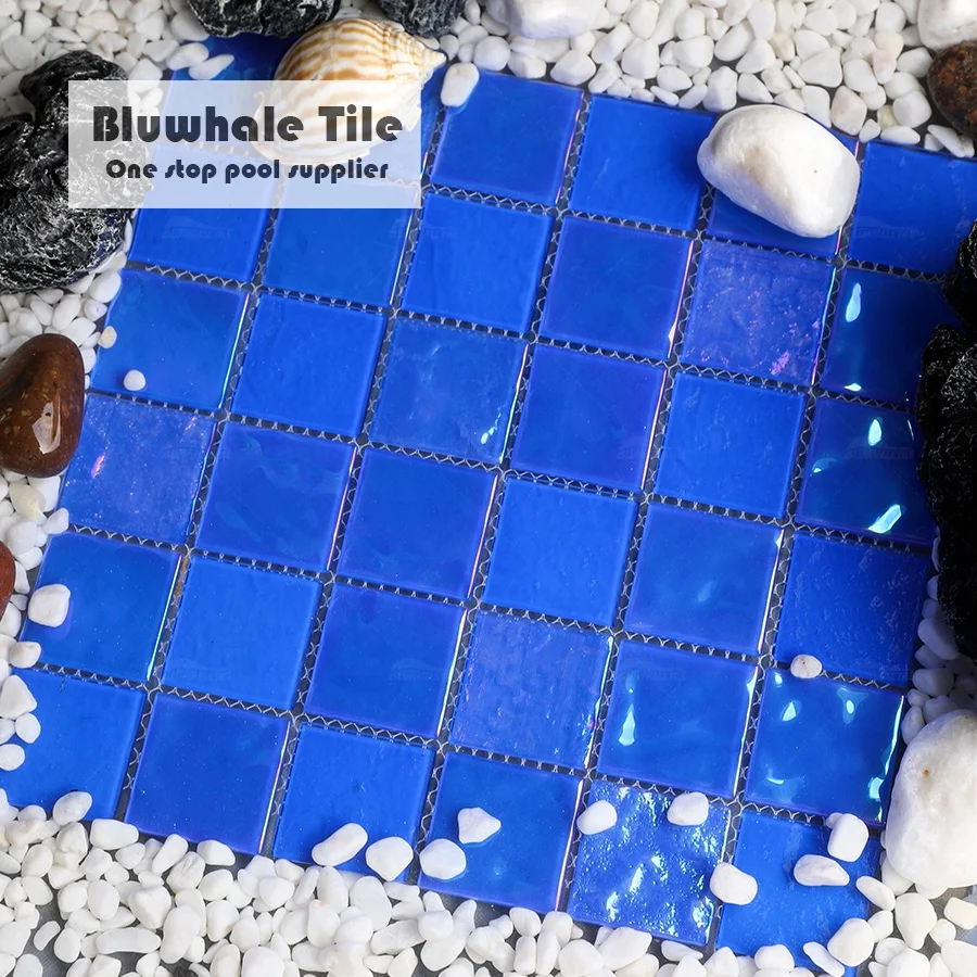 Bluwhale Tile Supply Mosaic Tile Swimming Pool Crystal Glass Iridescent Square Cobalt Blue Swimming Pool Tiles Glass Mosaic