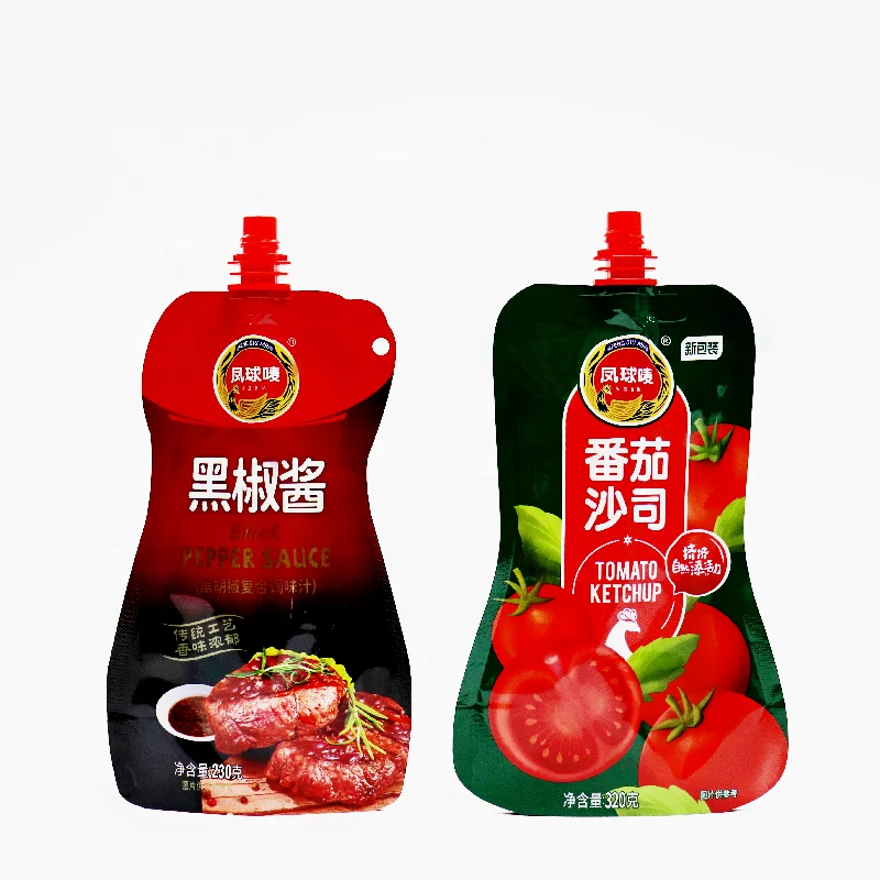 Custom Printed Free Shape Stand Up Spout Pouch Ketchup Black Pepper Sauce Juice Food Top Spout Packaging Bag