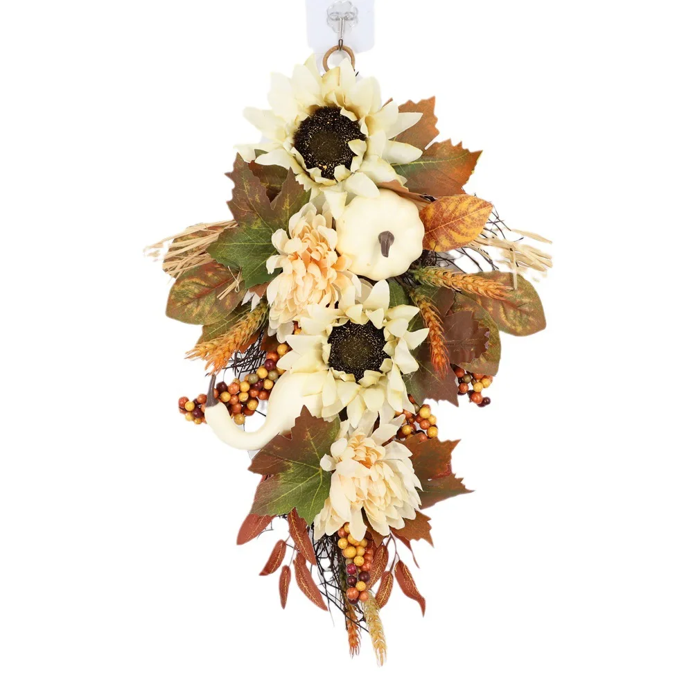 Fall Harvest Pumpkin wreath upside down Thanksgiving teardrop pendant Sunflower white pumpkin Maple Leaf decorative door decor