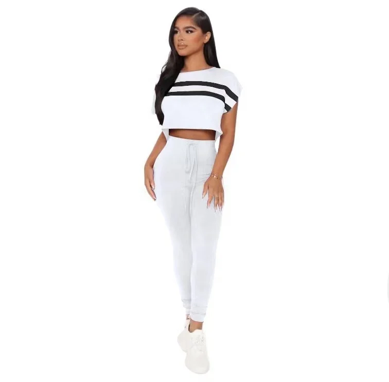 2024 New Arrival Short Sleeve Top And High Waist Trousers Set Women Clothes Print Crop Top 2 Piece Jogging Sportswear Outfit Set