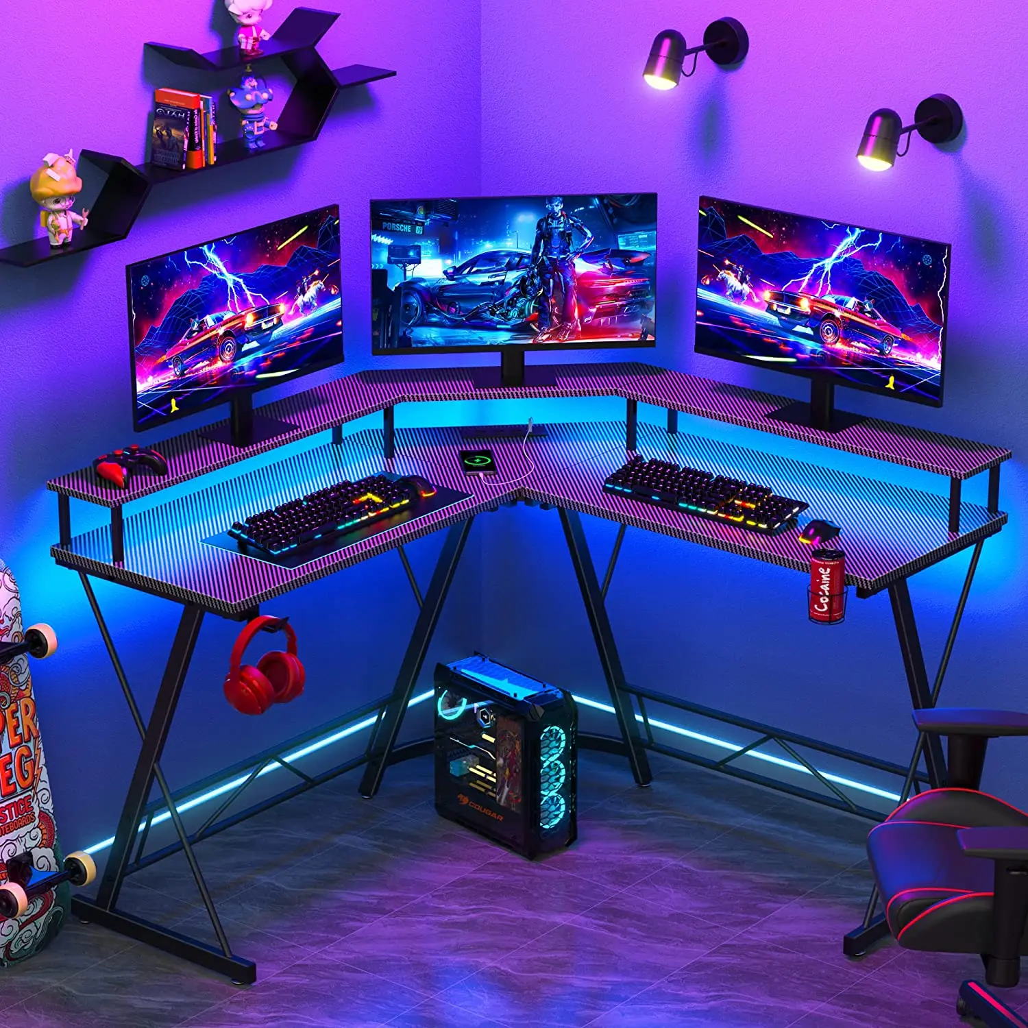 Gaming Desk with Led Lights and  Power Outlet L Shaped Computer Corner Desk