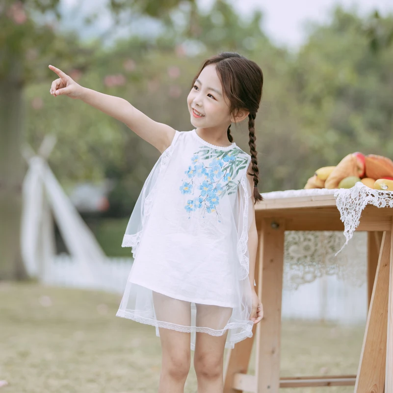 
Elegance Flower Print Mesh Overlay Cold Shoulder Smocked Dress for Girls 