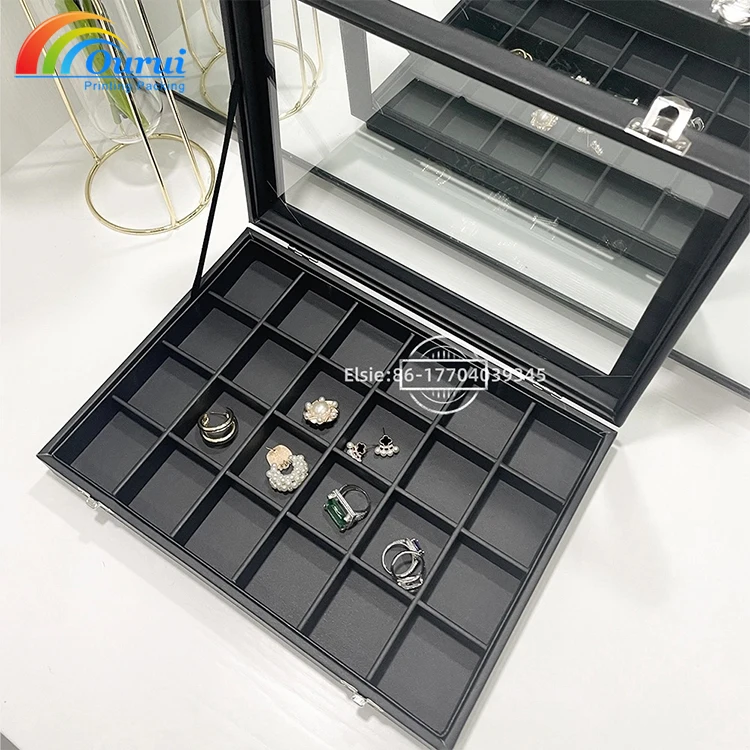 Stackable Black Leather Jewelry Box Tray with Glass Cover for Rings Bracelets Necklaces Earrings-Watch Boxes & Cases