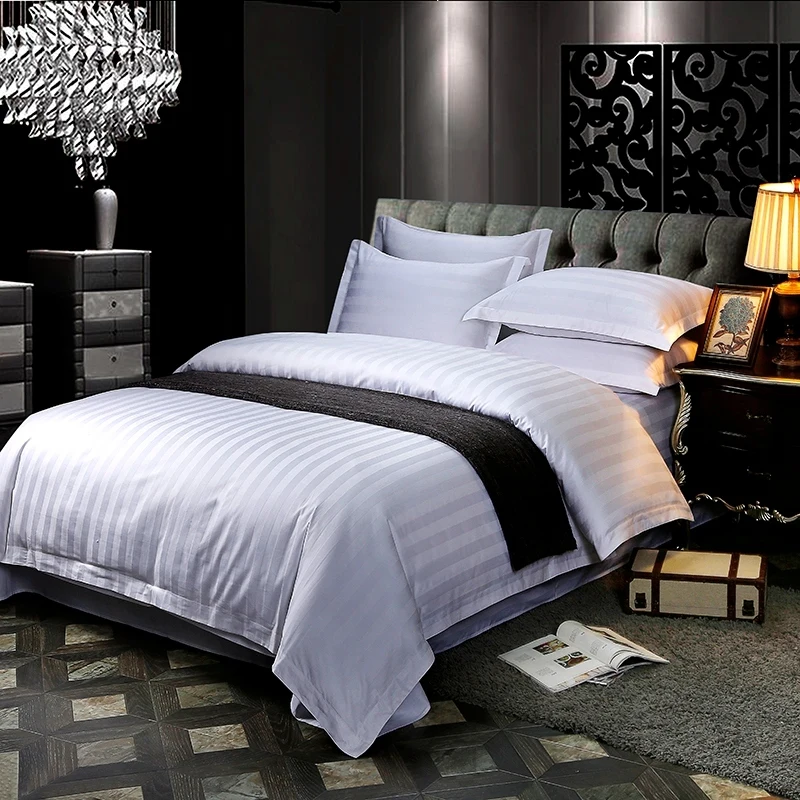 Wholesale 5 star hotel bed linen Luxury Dubai Satin Stripe bedding set for hotel bed sheets duvet cover white