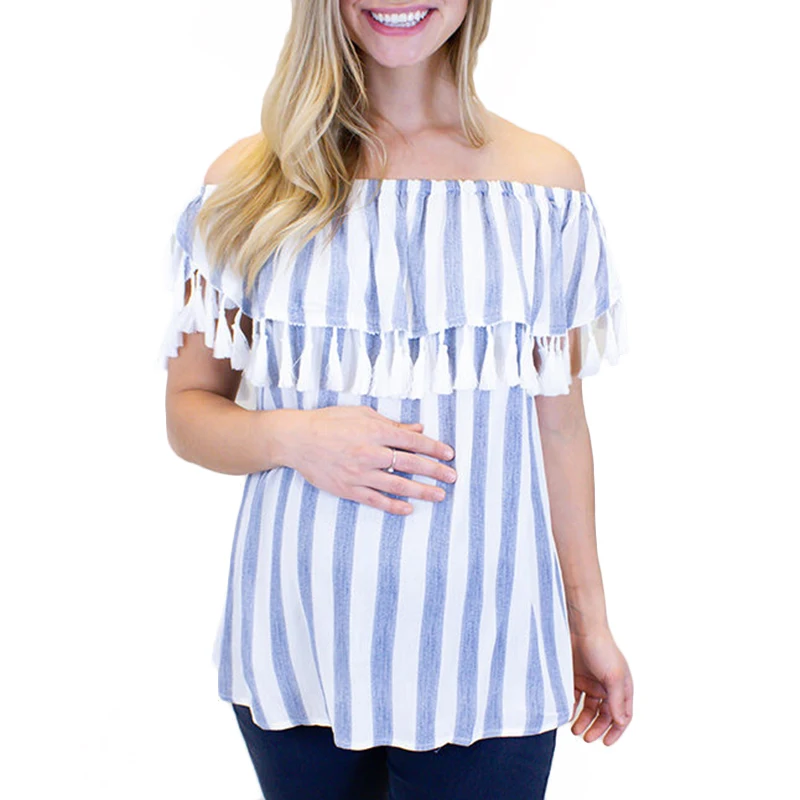 Summer Pregnant Blue Off Shoulder Striped Women Blouse Maternity Clothing