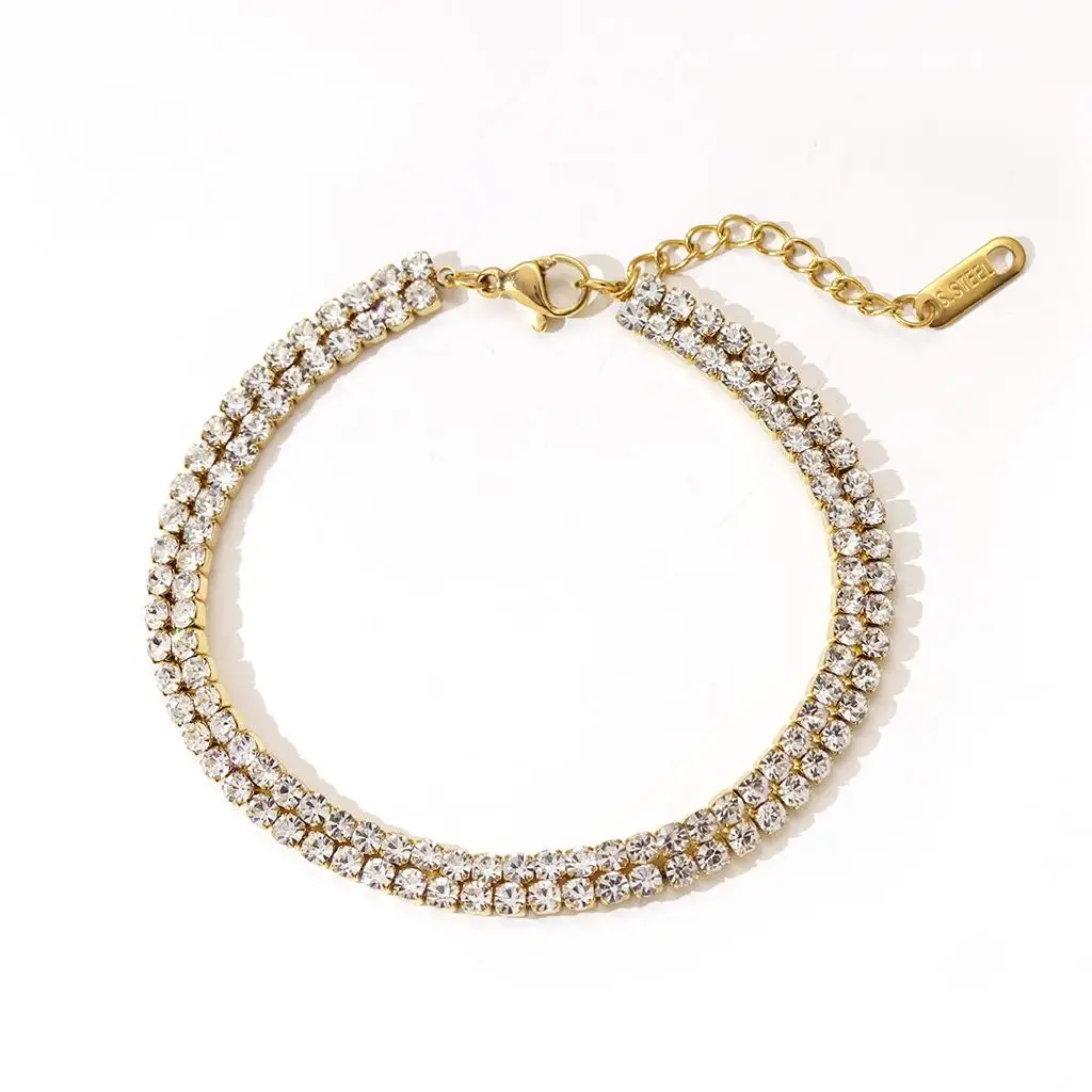 Simple Two Rows Diamond Tennis Bracelet Gold Plated Diamond Titanium Steel Bracelet For Women