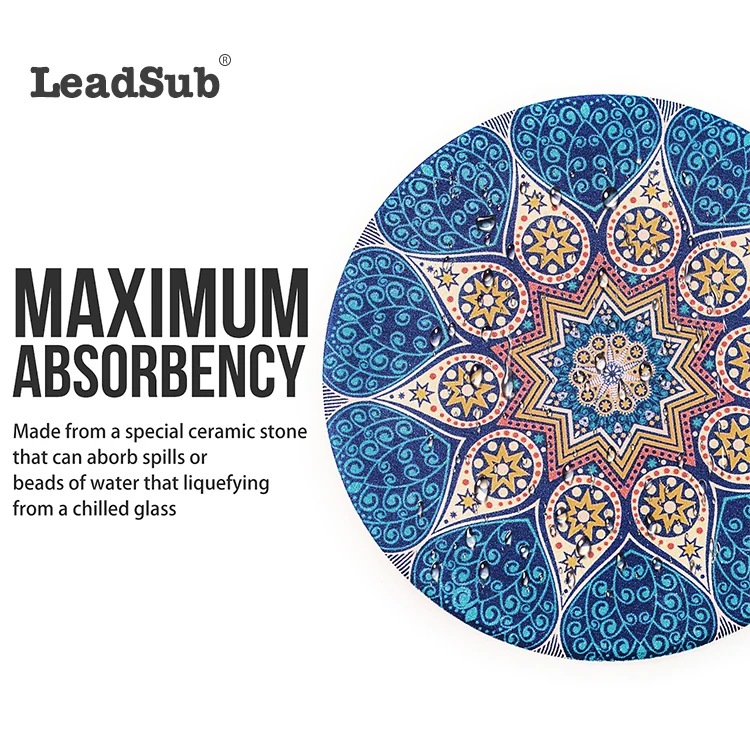 China supplier Leadsub 2022 Amazon hot-sale sublimation mandala design round ceramic coaster with cork back
