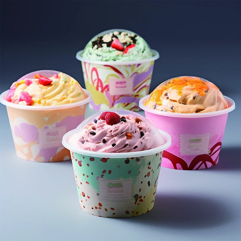 2023 new style custom printed yogurt paper bowl small disposable pink packaging ice cream paper cups with lid cover and spoon