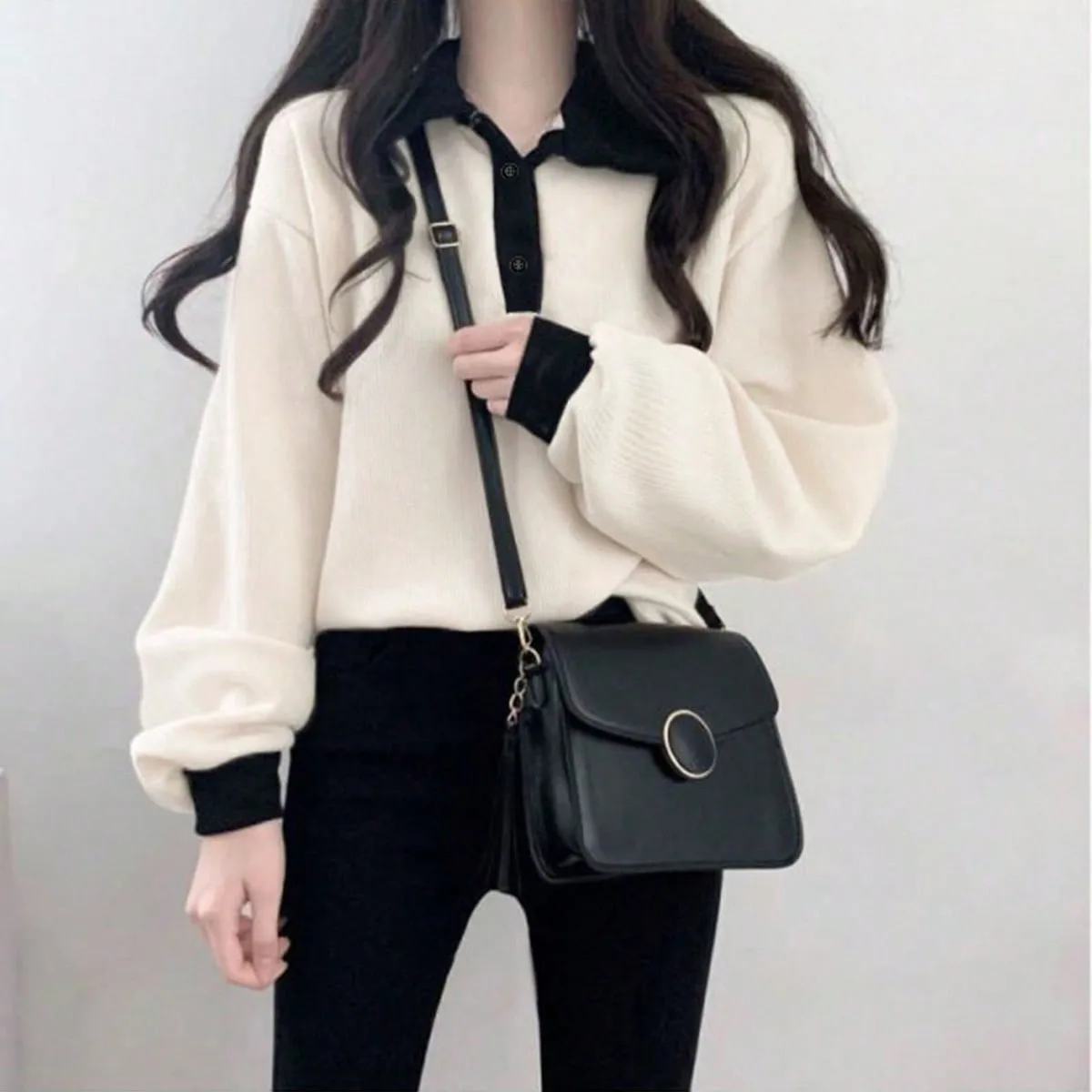 Lantern Sleeve Women Sweatshirts Korean Casual Streetwear Simple Buttons Patchwork Female Autumn Top Sweatshirt