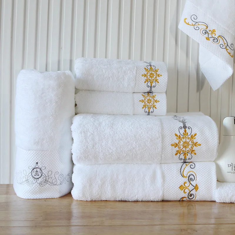 5 star hotel towels white custom logo bathroom linen 100% cotton face hand bath hotel towel set