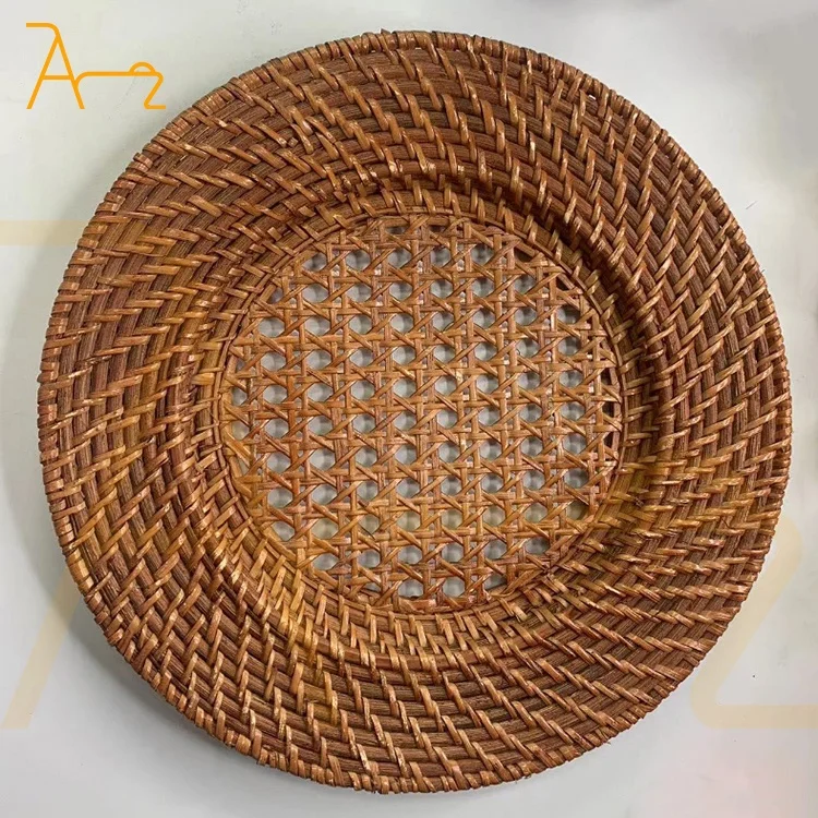 Custom wedding party brown woven placemats decoration dinning table coaster handmade round rustic boho rattan charger plate