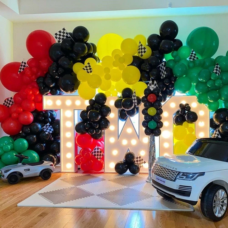 Race Car Balloon Garland Arch Kit Green Red Yellow Black Latex Balloons with Racing Stick Flags for Baby Shower Birthday A3164
