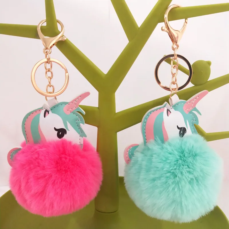Dolls Key Rings Wholesale Unicorn Faux Fur Plush Balls Key Chains Luxury Women Plush Unicorn Faux Fur Pompom Keychain
