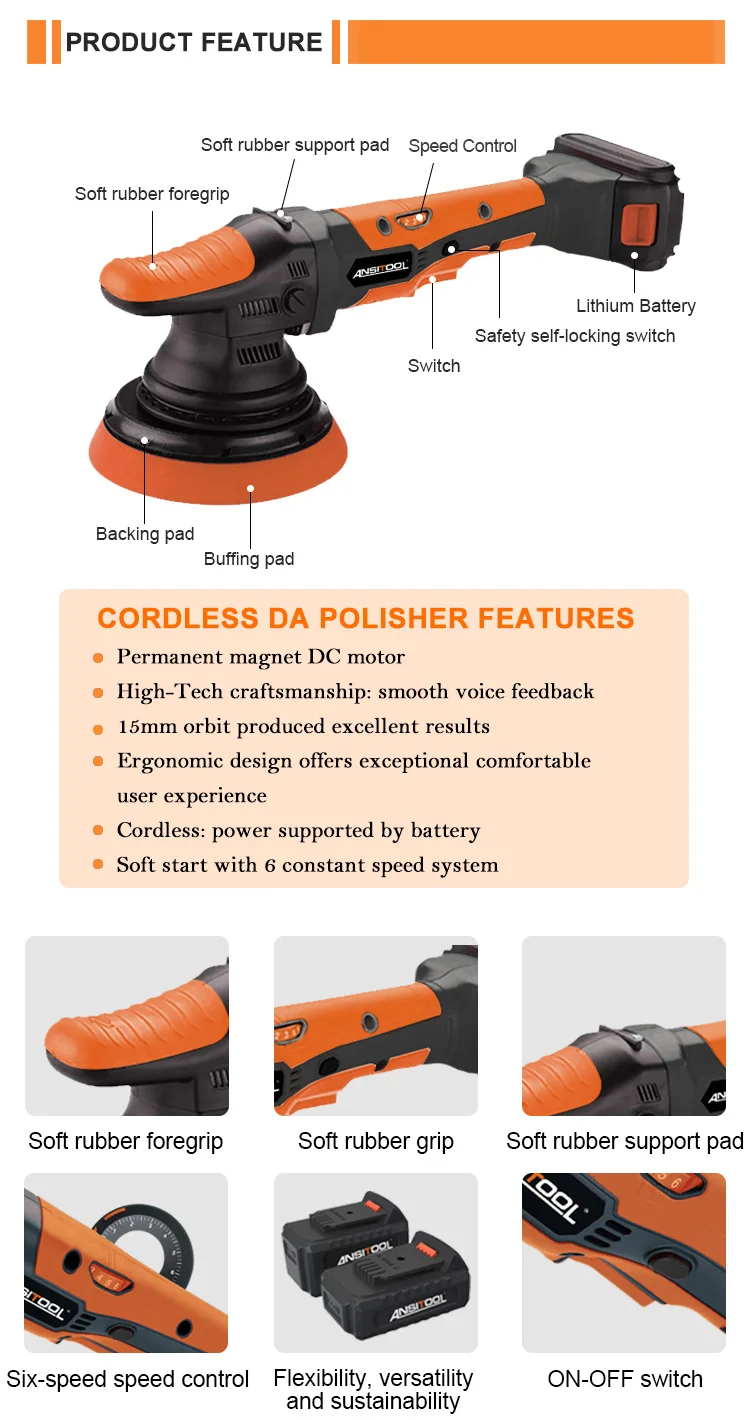 Best 6-speed Brushless Car Polisher 12mm orbit 400w 20v Orbit Lithium Cordless Car Polisher In tool