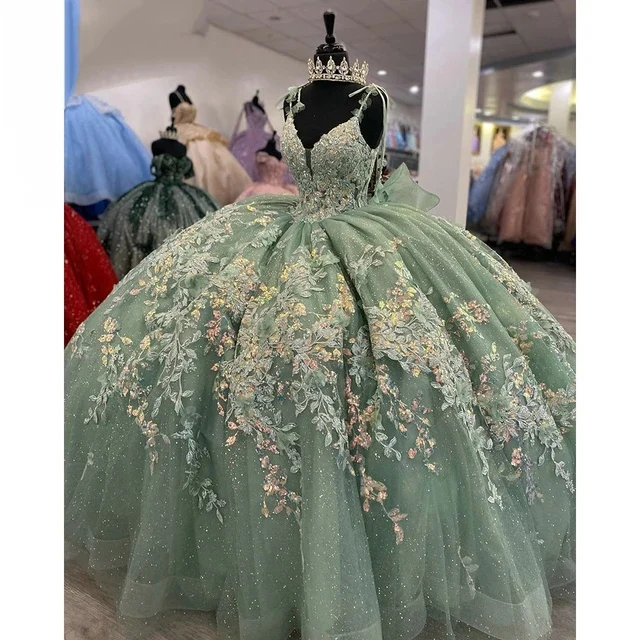 Mint Green Sequined Appliques Beading Shiny Crystal Ball Gown Quinceanera Dresses Bow Corset Vestidos De 15 Anos MQ731