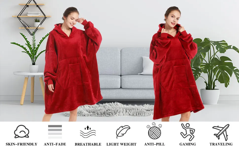 Adult Plush Fleece Hooded Blanket Sweatshirt Oversized Sherpa Wearable Hoodie Blanket with Pockets and Sleeves