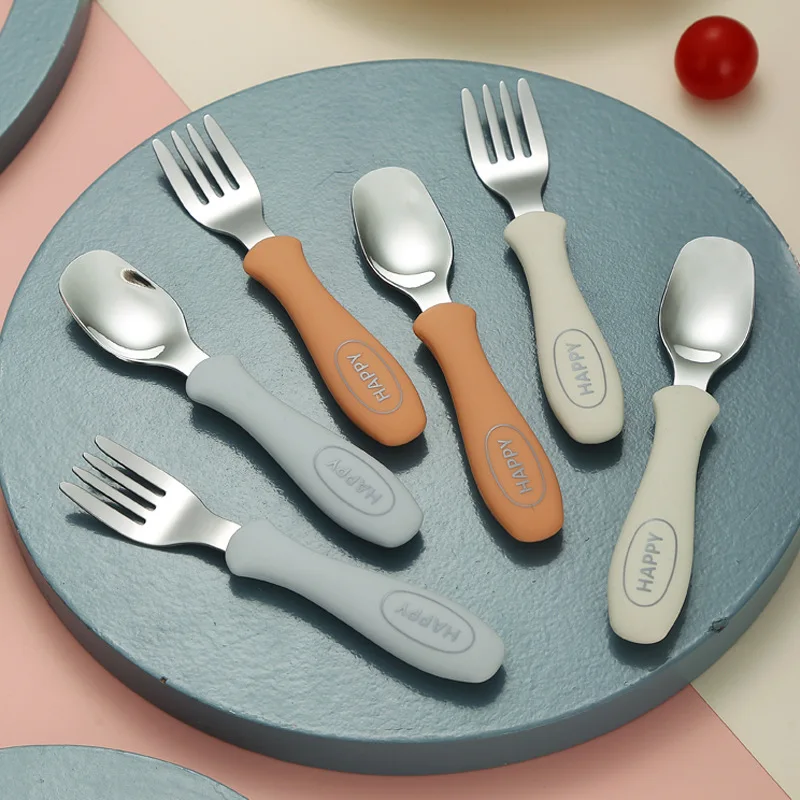 New 316 Stainless Steel Silicone Baby Spoon Fork Baby Feeding Training Cutlery Set