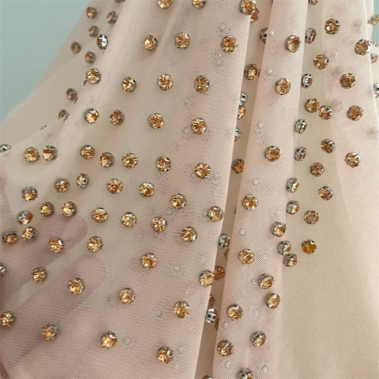 High quality Evening dress heavy sexy beige rhinestone tulle lace fabric for women