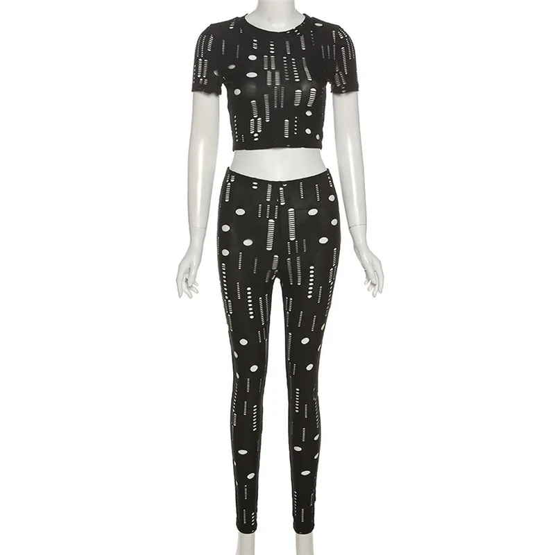 2 Piece Hollow Out Outfits for Women Sexy Clubwear Hollow Out See Through Short Sleeve Tops + Skinny Pants Set Tracksuit