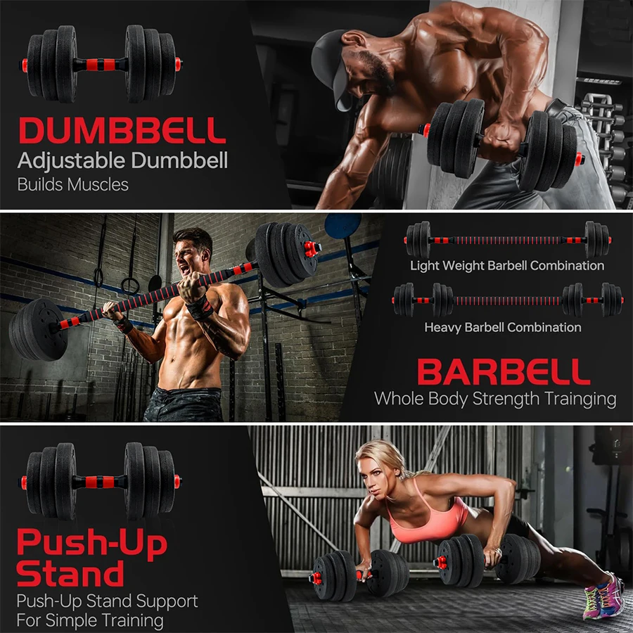 Fitness Workout Equipment for Women and Men Non-slip Handles Home Gym Training 44lbs Adjustable Free Weight Dumbbell Barbell Set