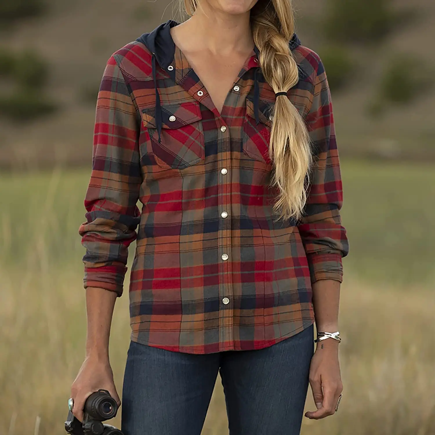 Женская Фланелевая рубашка с длинным рукавом, Повседневная клетчатая толстовка с капюшоном на пуговицах, фланелевая рубашка для женщин