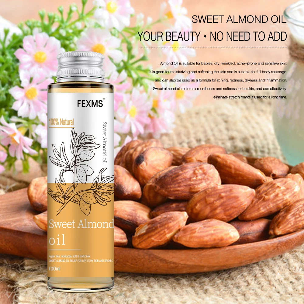 FEXMS 100% Pure Sweet Almond Oil For Body Hair Carrier Oil 100ml