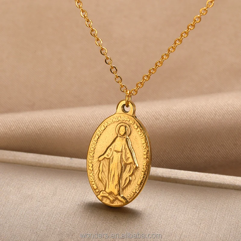 Stainless Steel Cross Two Sides Faith Jesus Catholic Coin Pendant Necklace For Women Men Church Jewelry