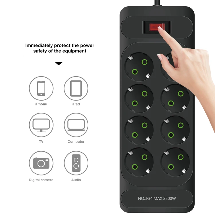 EU Extension Cord Electrical Multi Wall Plug Adapter Surge Protect