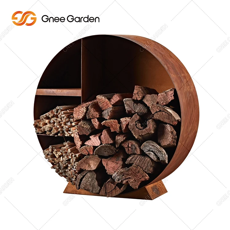 Wood Burning Corten Steel Log Fire Pits With Wood Log Storage