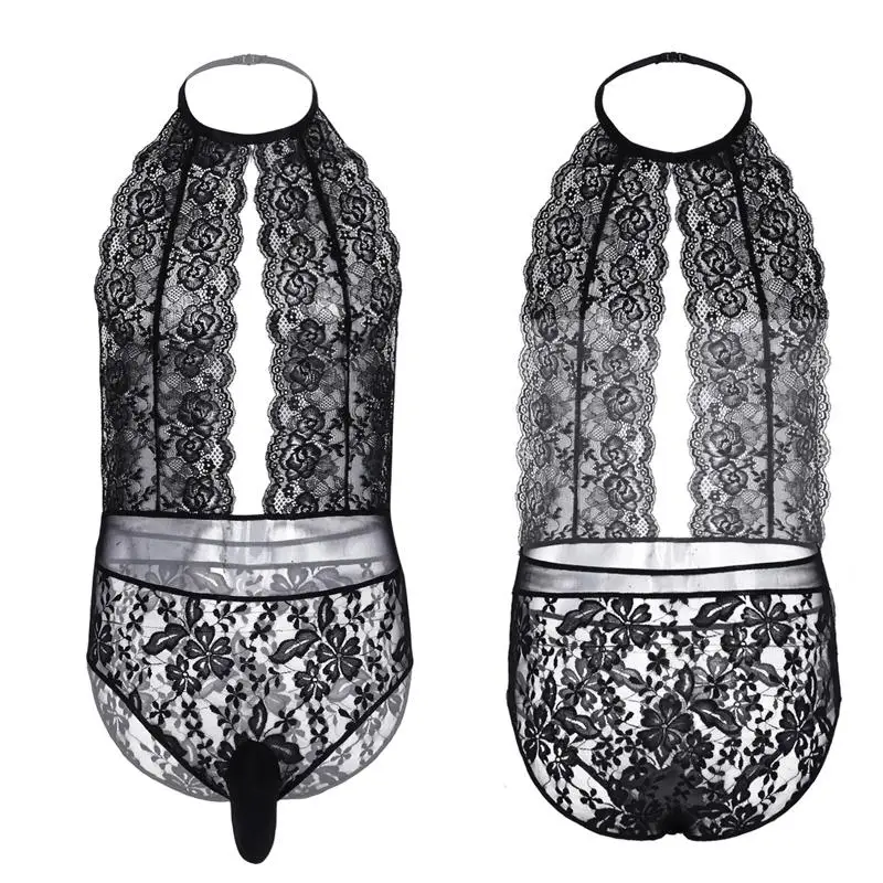 Custom Sissy Black One Piece Lace Underwear Halter Bodysuit Leotard Lingerie Clothing For
