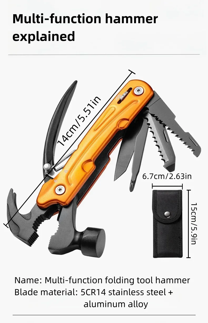 Multi-Tool Hammer, 7-in-1 Stainless Steel Multi-Tool, , Foldable Heavy Duty Multi-Tool Set with Cutter