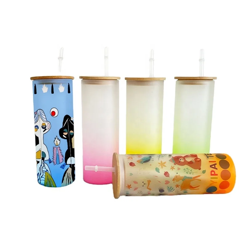 wholesale 12oz 16oz blank sublimation Beer Shaped Glass soda can with bamboo lid and clear plastic straw suitable for drink