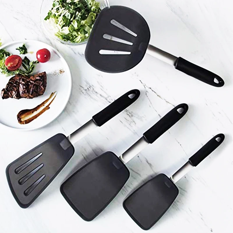 4-Piece Personalized Flexible Rubber Silicone Stainless Steel Kitchen Cooking Utensil Turner Spatulas Set
