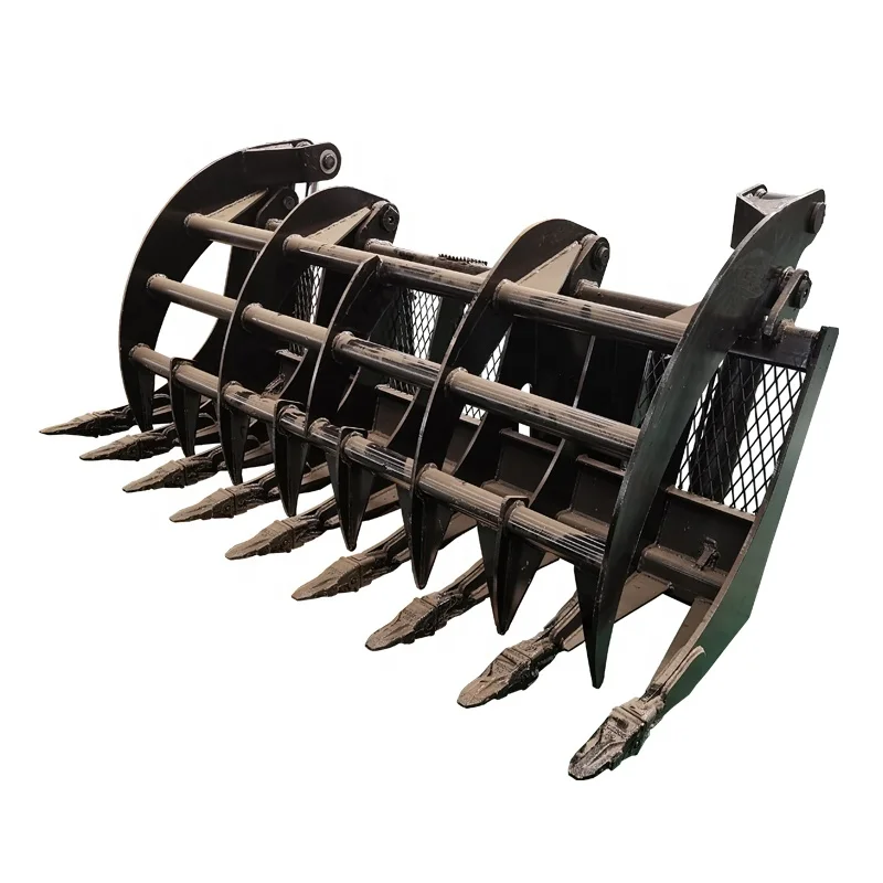 Skid steer loader using hydraulic grapple bucket brush rake bucket grab