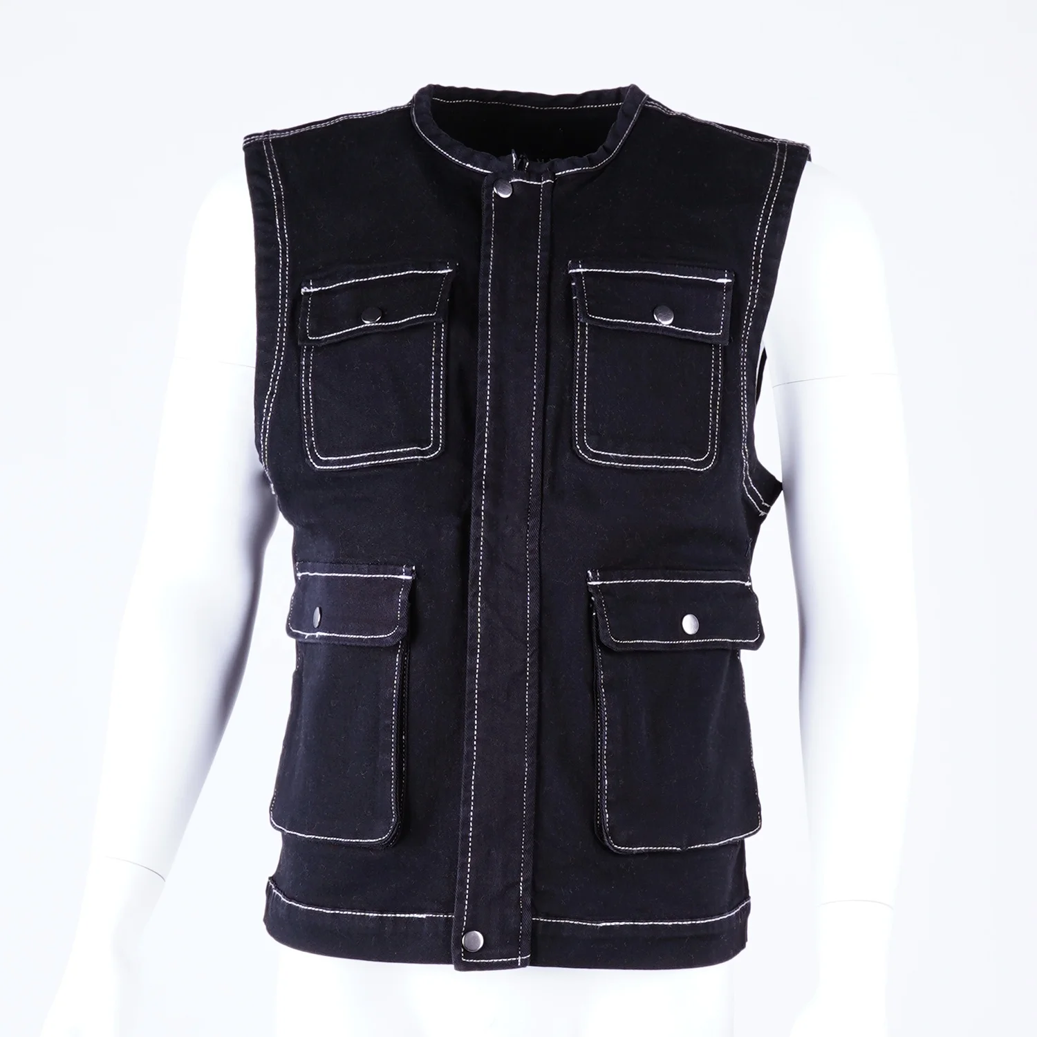 SKYKINGDOM gz longchan custom logo jean vest street wear black jeans vest stylish pockets jeans vest men
