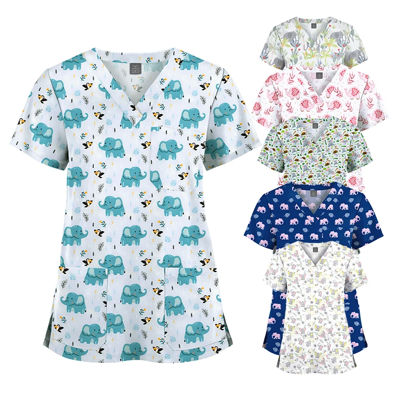 Niaahinn Elephants Prints Gown Women And Men Nurse Scrubs Top V-Neck Private Patterns Custom Print Nursing Tops