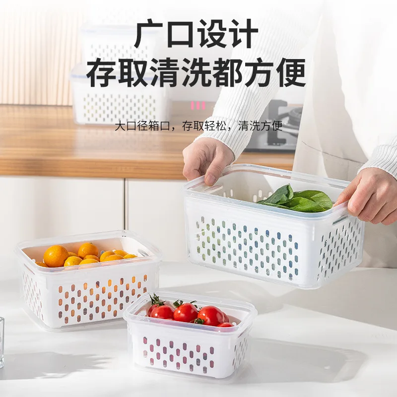 3 Pack Fridge Food Storage Container Set with Lid with Strainer Plastic Fresh Produce Saver Vegetable Fruit Storage Organization