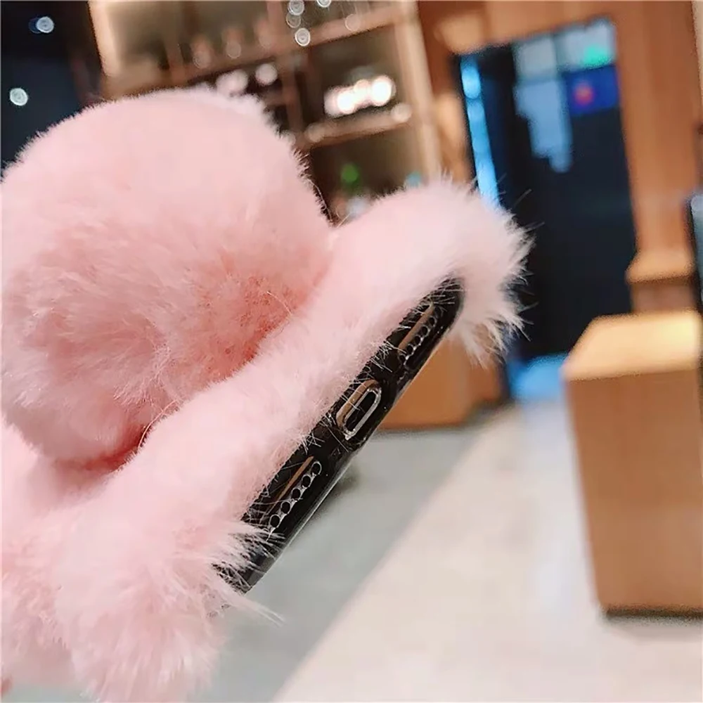 Lovely Girly Women Pink Rabbit Ear Mobile Phone Case Plush Soft Warm Cute Fur Fluffy Cell Phone Case For IPhone 13 pro