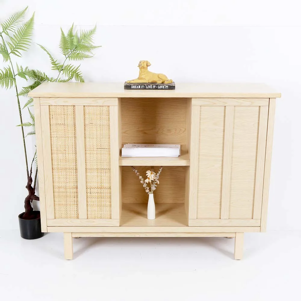 Wooden Locker With Classic Wicker Removable Cabinet Door With Open Display Rack