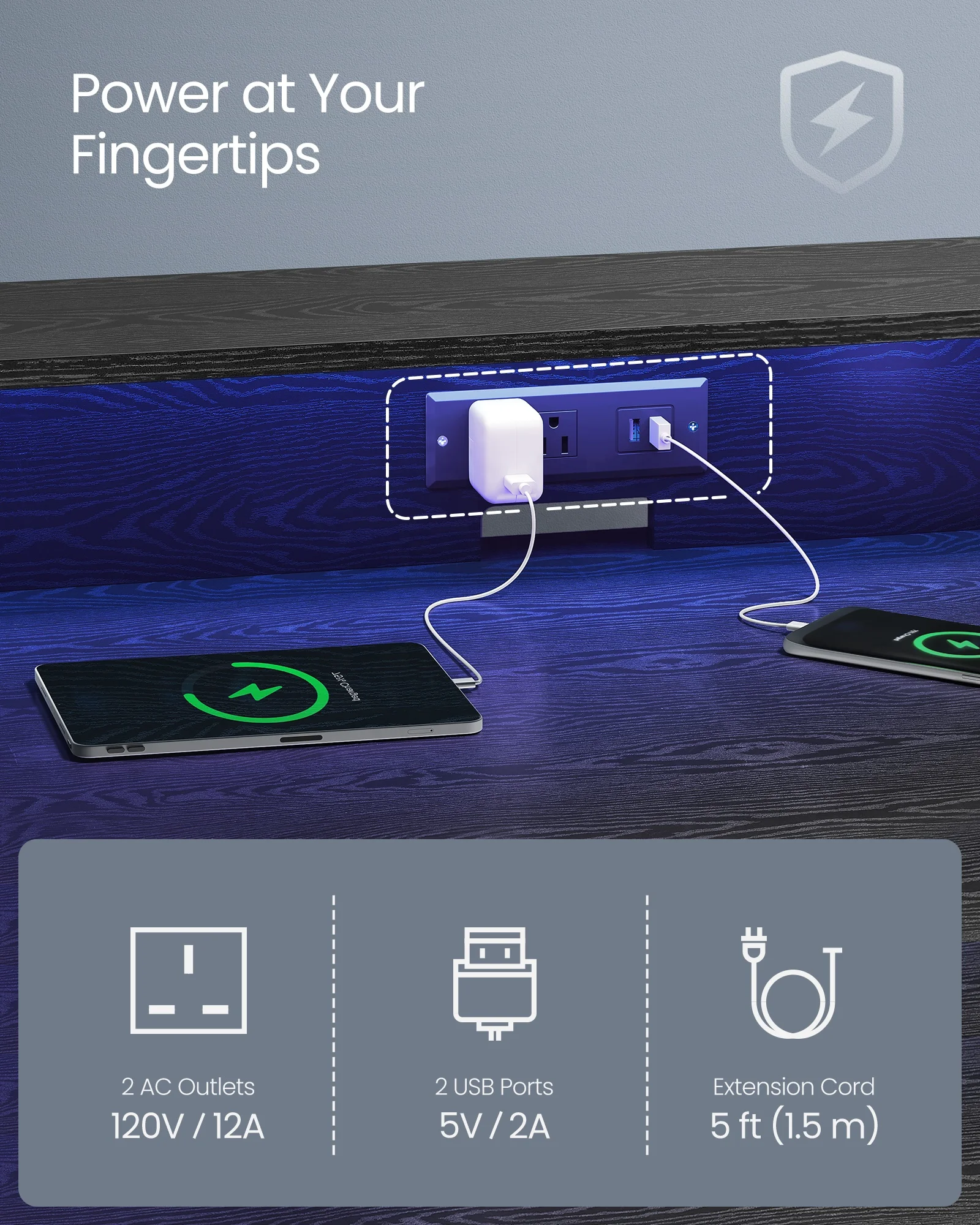 VASAGLE LED Desk with Monitor Shelf Gaming Desk with LED Lights and Built-in Power Outlets Computer Desk for 2 Monitors