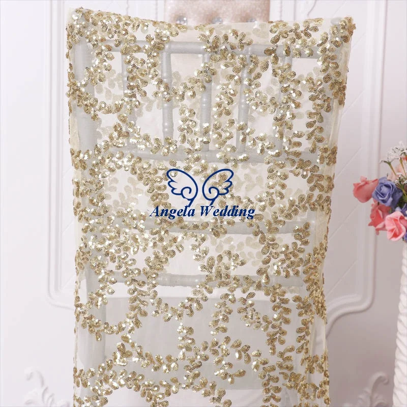 CH004ME new 2020 wedding embroidered beaded sparkly gold light gold floral pattern sequin chiavari chair cover