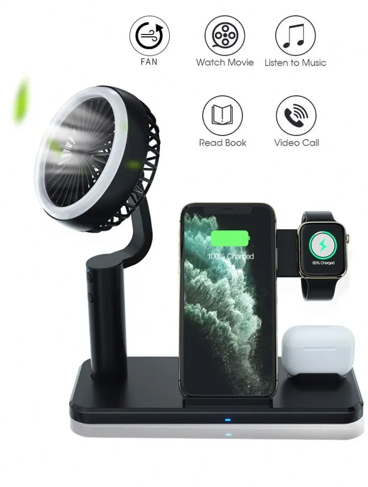 2021 New Arrivals Portable Rechargeable Fan Charging Station for iwatch for airpods for phone for Samsung Wireless Charger