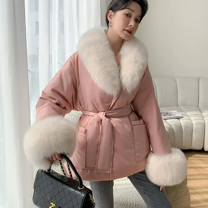 High quality Fashion Real Fox Fur Material Collar Double Faced Wool Cashmere Coat Women short Style fur down jacket coats