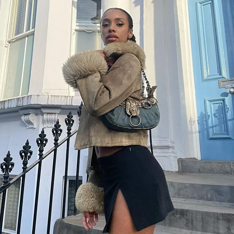 Spring high street long sleeve trend fashion fur collar suede zipper slim short coat women