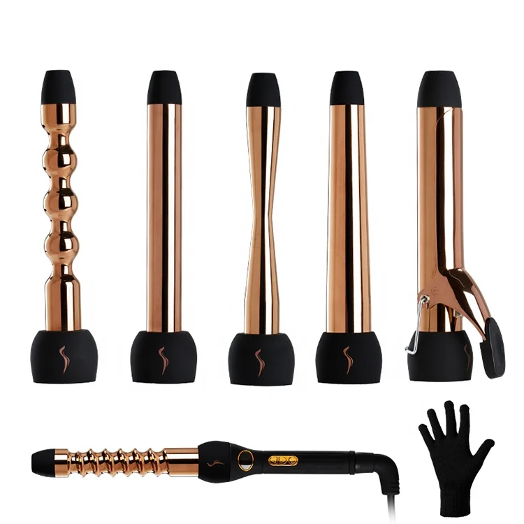 5 in 1 Professional Curling Iron and Wand Set 5 Interchangeable Ceramic Barrel Wand Curling Iron Dual Voltage Hair Curler Set
