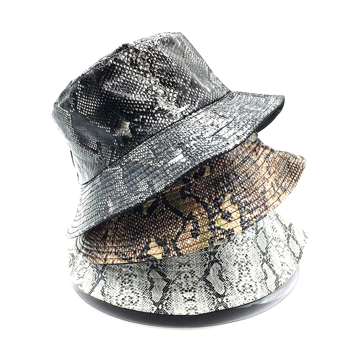 Fashion Stylish Waterproof Fishing Hats Snake Skin Leather Custom Metal Logo Snake Skin Pattern Leather Bucket Hats