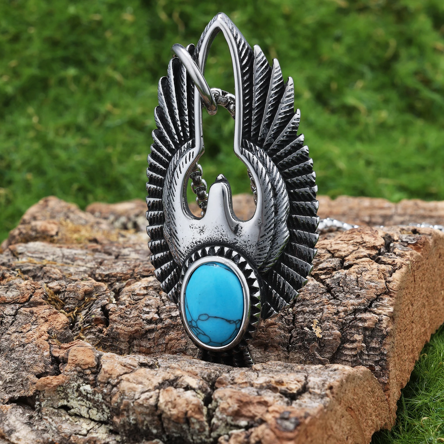 Punk Jewelry Wholesale Stainless Steel Turquoise Stone Bezel Setting Stainless Steel Material Bird Eagle Pendant Necklace