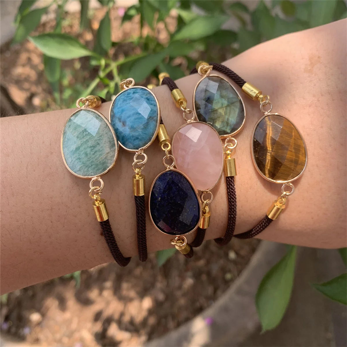 summer collection double side faceted natural stone oval gold Charm Adjustable  handmade bracelet for kids girl woman and man